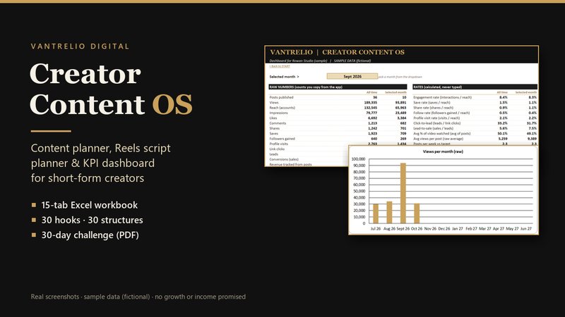 Creator Content OS dashboard showing views, rates and a monthly trend chart in a black and gold spreadsheet