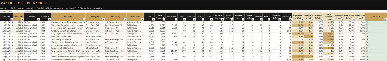 KPI TRACKER tab: one row per published post with views, reach, likes, saves, leads and revenue, followed by gold-headed calculated rate columns and a data check